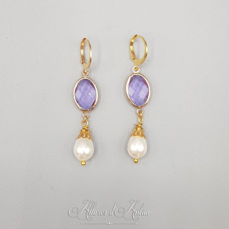 Boucles d'oreilles  Strass et Perles - Mauve