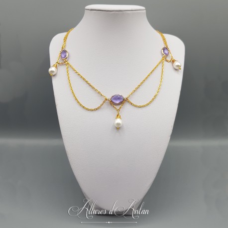 Collier en esclavage- Chaine et Strass - Mauve