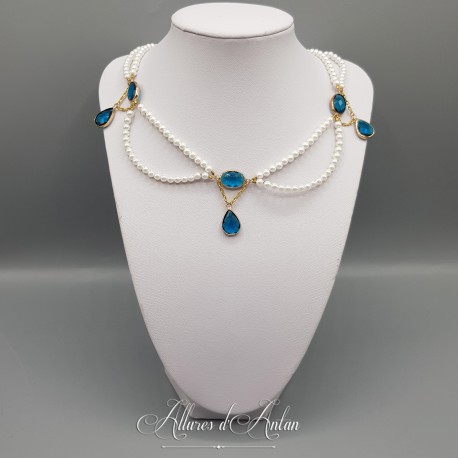 Collier en esclavage- Perles et Strass - Bleu