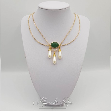 Collier- Chaine, Strass et Perles - Vert
