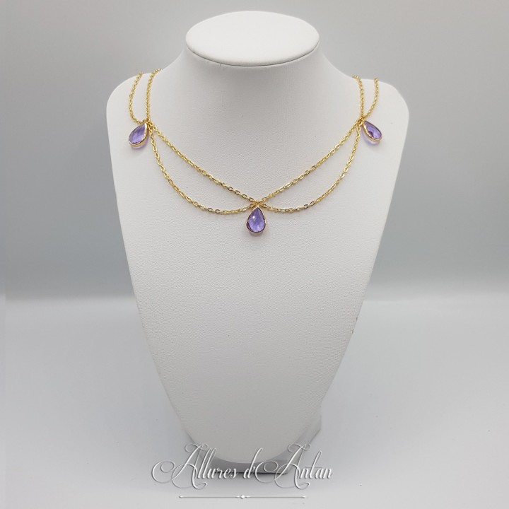 Collier- Chaine, Strass et Perles - Mauve