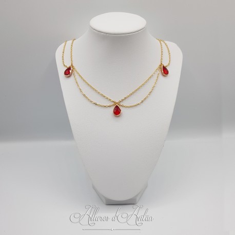 Collier- Chaine, Strass et Perles - Rouge