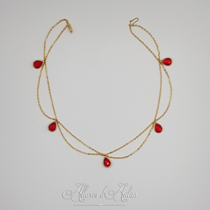 Collier- Chaine, Strass et Perles - Rouge