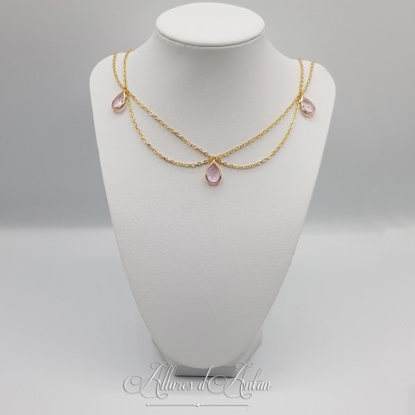 Collier- Chaine, Strass et Perles - Rose