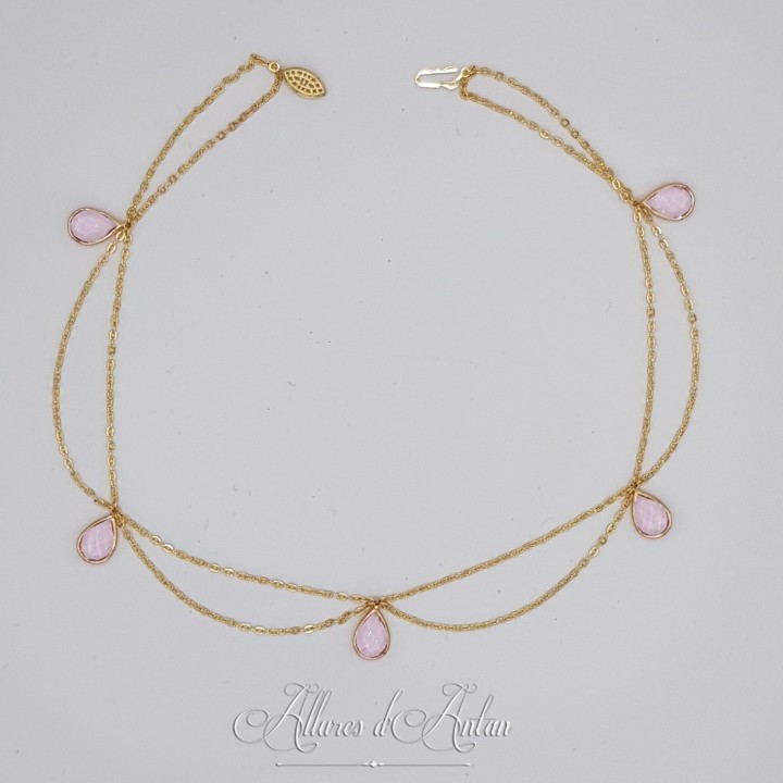 Collier- Chaine, Strass et Perles - Rose