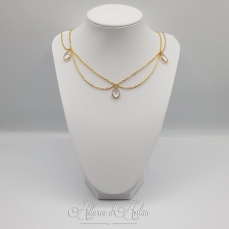 Collier- Chaine, Strass et Perles - Blanc