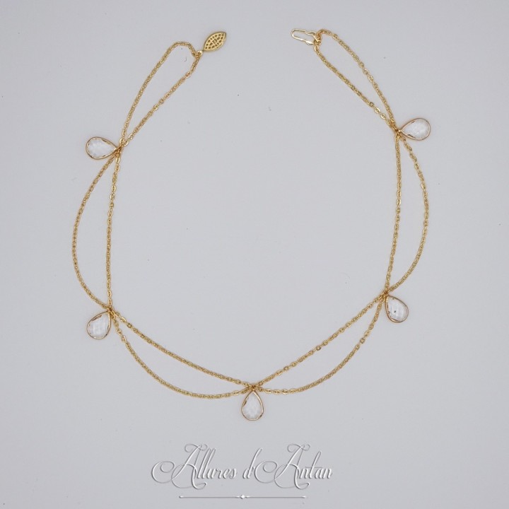Collier- Chaine, Strass et Perles - Blanc