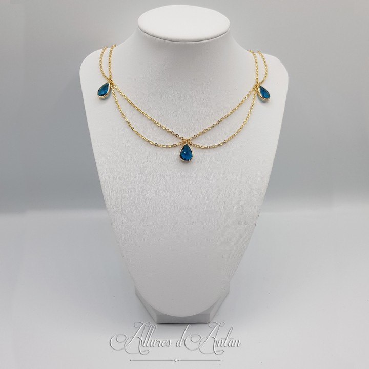 Collier- Chaine, Strass et Perles - Bleu