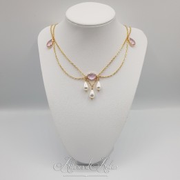 Collier- Chaine, Strass et Perles - Rose