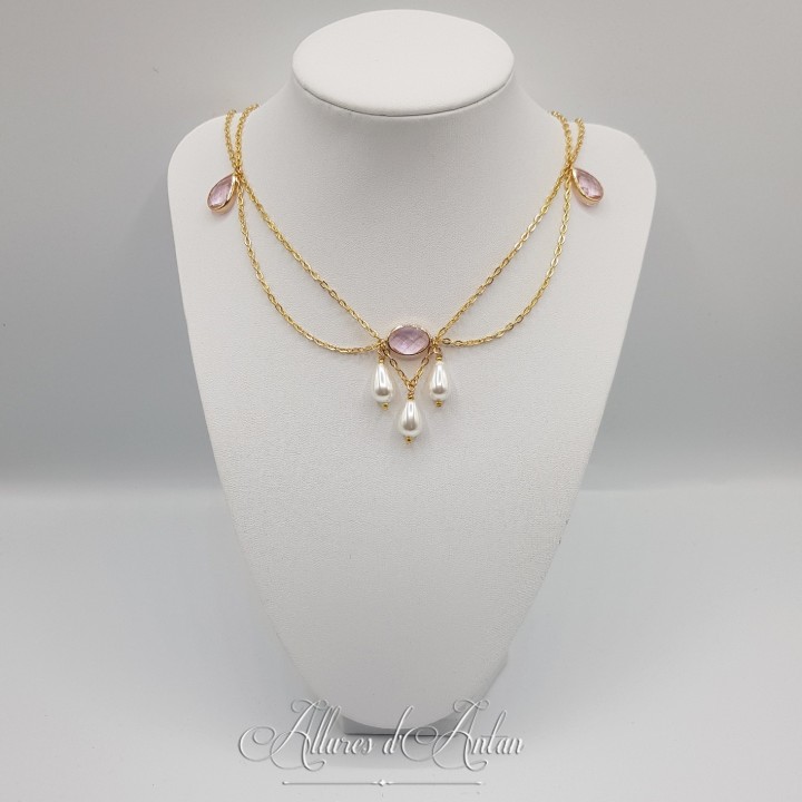 Collier- Chaine, Strass et Perles - Rose