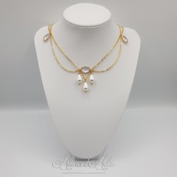 Collier- Chaine, Strass et Perles - Blanc