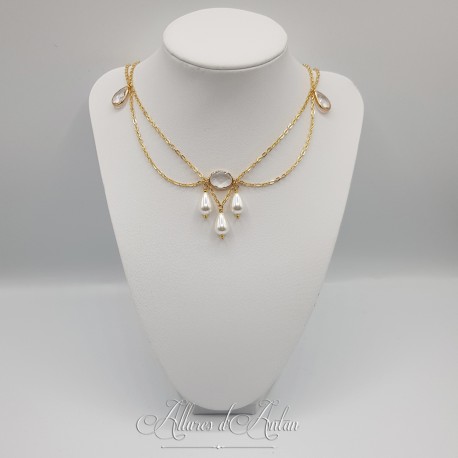 Collier- Chaine, Strass et Perles - Blanc