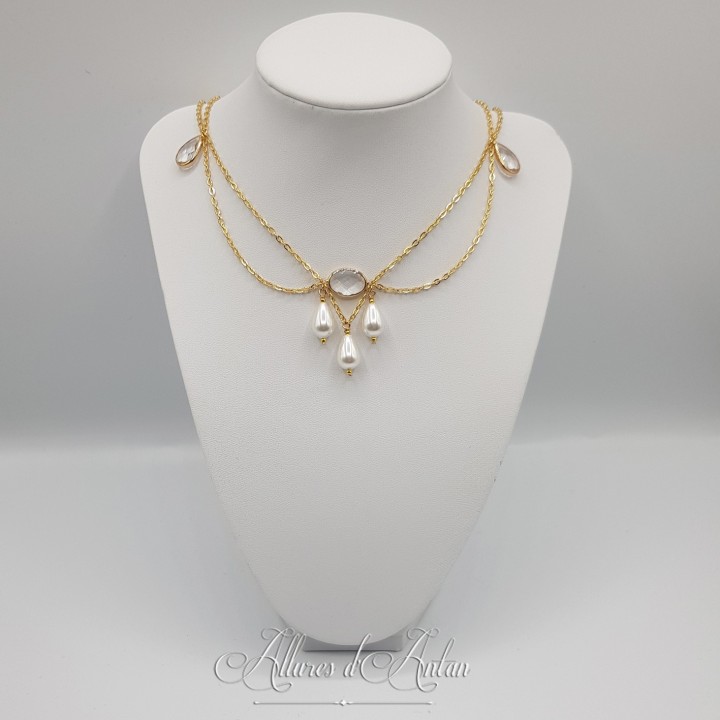 Collier- Chaine, Strass et Perles - Blanc