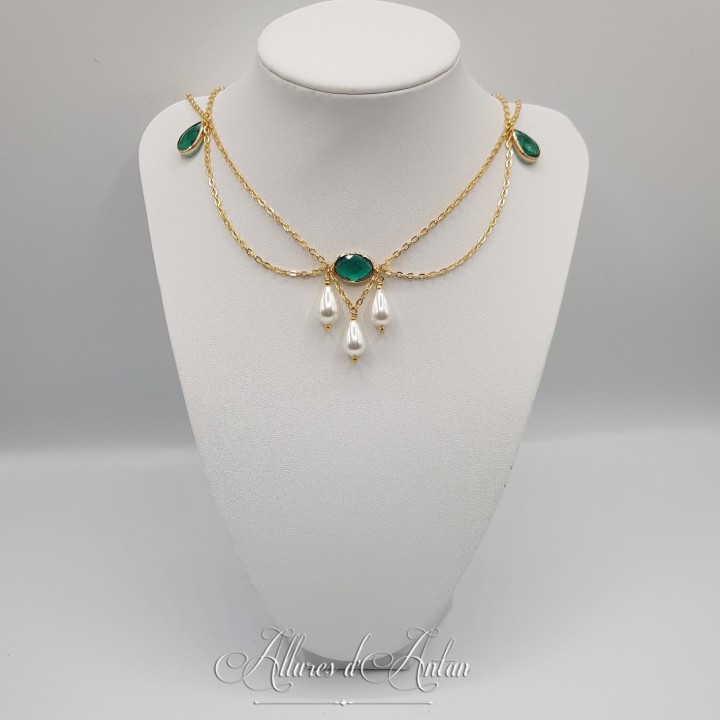 Collier- Chaine, Strass et Perles - Vert
