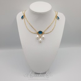 Collier- Chaine, Strass et Perles - Bleu