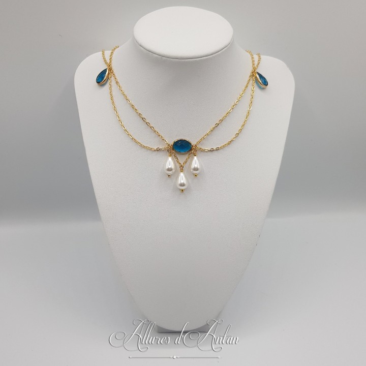 Collier- Chaine, Strass et Perles - Bleu