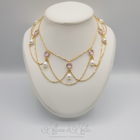 Collier en esclavage- Chaine et Strass - Rose