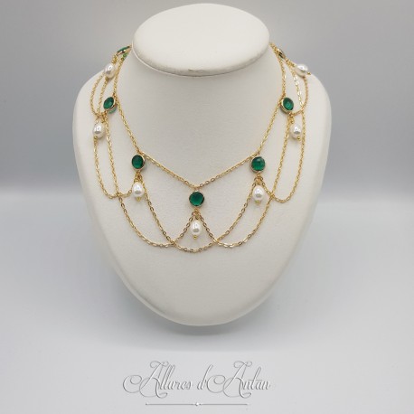 Collier en esclavage- Chaine et Strass - Vert