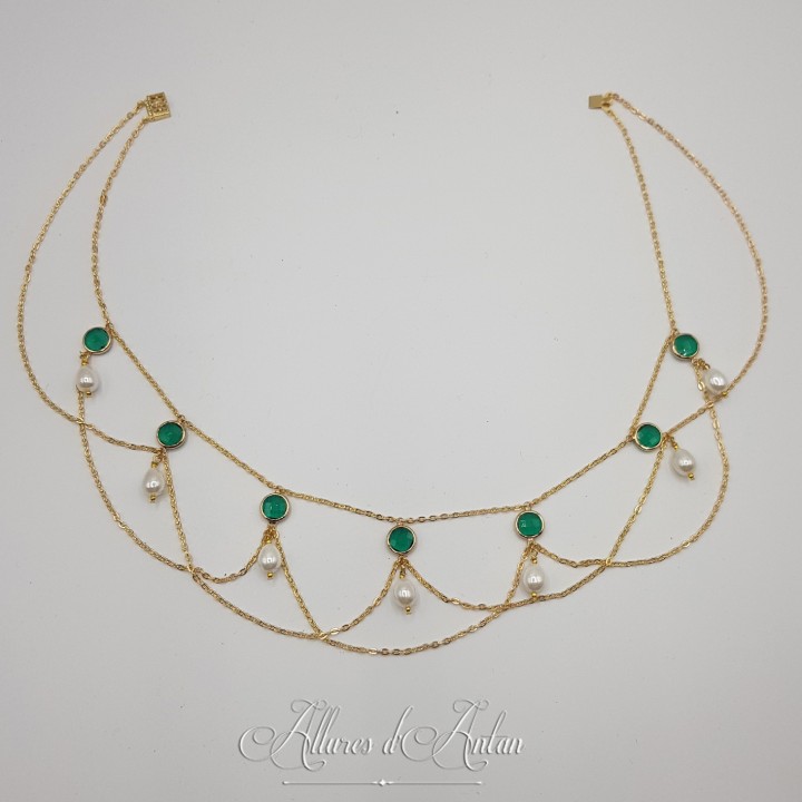 Collier en esclavage- Chaine et Strass - Vert