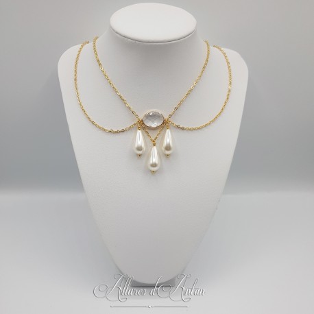 Collier- Chaine, Strass et Perles - Blanc