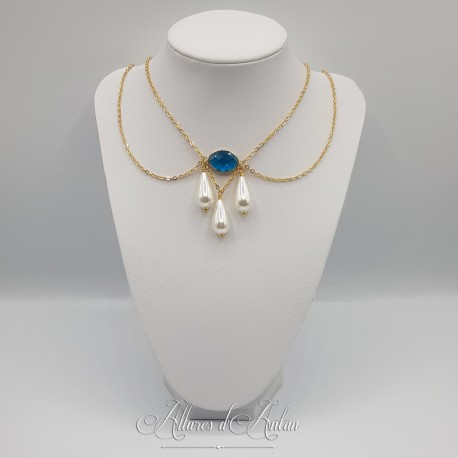 Collier- Chaine, Strass et Perles - Bleu