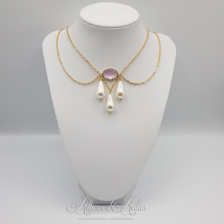 Collier- Chaine, Strass et Perles - Rose