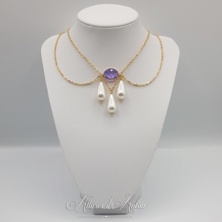 Collier- Chaine, Strass et Perles - Mauve