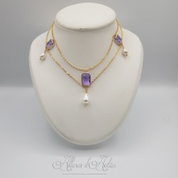 Collier- Chaine et Strass carré -Mauve