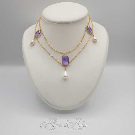 Collier- Chaine et Strass carré -Mauve