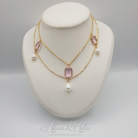 Collier- Chaine et Strass carré - Rose