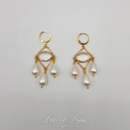 Boucles d'oreilles  Strass et Perles Gouttes - Blanc