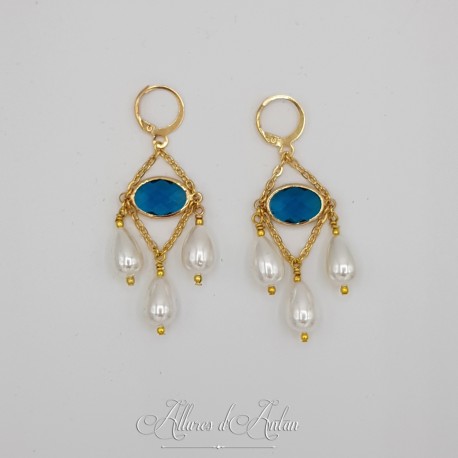 Boucles d'oreilles  Strass et Perles Gouttes - Bleu