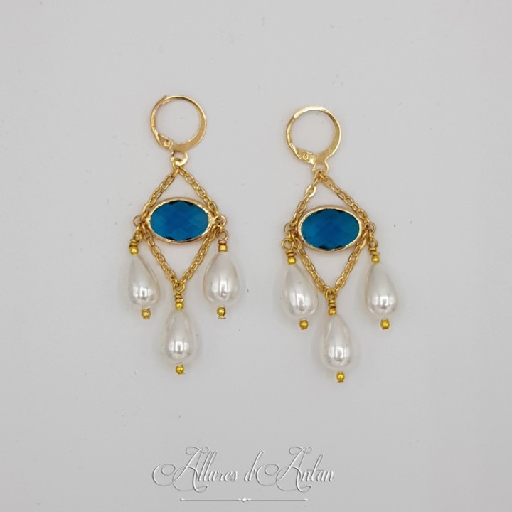 Boucles d'oreilles  Strass et Perles Gouttes - Bleu