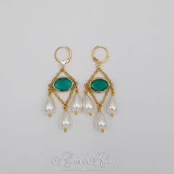 Boucles d'oreilles  Strass et Perles Gouttes - Vert