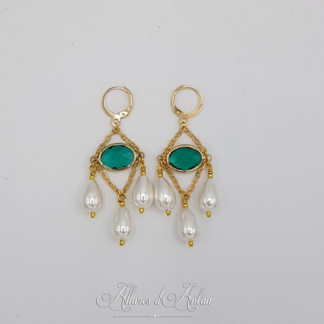 Boucles d'oreilles  Strass et Perles Gouttes - Vert