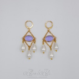 Boucles d'oreilles  Strass et Perles Gouttes - Mauve