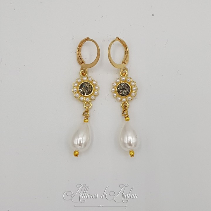 Boucles d'oreilles  Strass et Perles Gouttes - Taupe