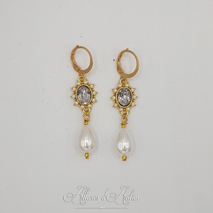 Boucles d'oreilles  Strass et Perles Gouttes - Gris