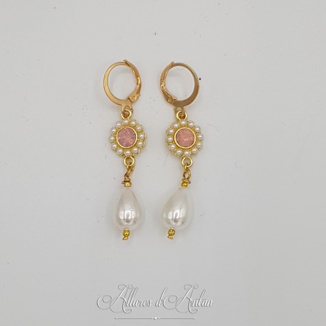 Boucles d'oreilles  Strass et Perles Gouttes - Rose