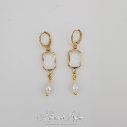 Boucles d'oreilles  Strass CARR2 et Perles Gouttes -Blanc