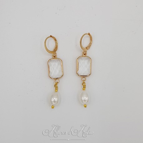 Boucles d'oreilles  Strass carré et Perles Gouttes -Blanc