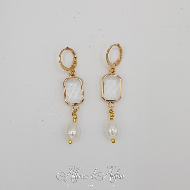 Boucles d'oreilles  Strass CARR2 et Perles Gouttes -Blanc