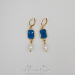Boucles d'oreilles  Strass carré et Perles Gouttes -Bleu