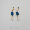 Boucles d'oreilles  Strass carré et Perles Gouttes -Bleu