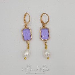 Boucles d'oreilles  Strass carré et Perles Gouttes -Mauve