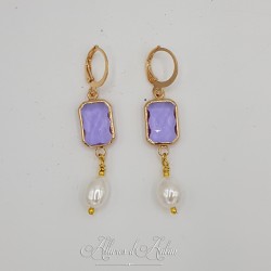 Boucles d'oreilles  Strass carré et Perles Gouttes -Mauve