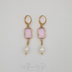 Boucles d'oreilles  Strass carré et Perles Gouttes -Rose