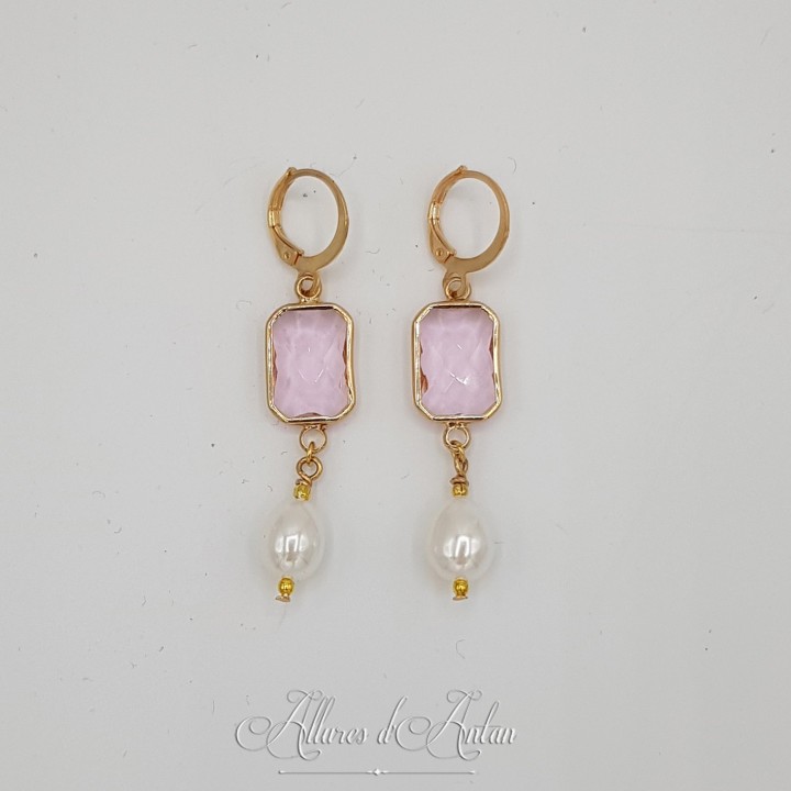 Boucles d'oreilles  Strass carré et Perles Gouttes -Mauve