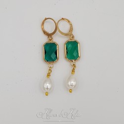 Boucles d'oreilles  Strass carré et Perles Gouttes -Vert