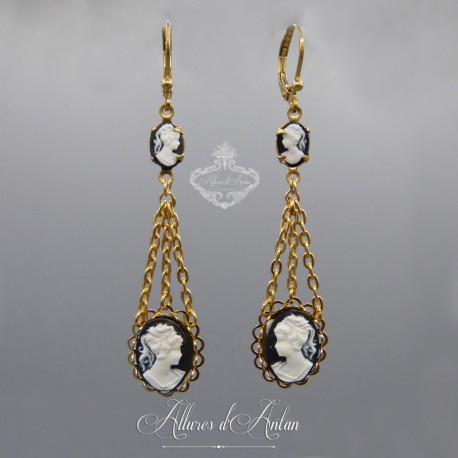 Boucles d'oreilles camées face à face - Noir/Ivoire